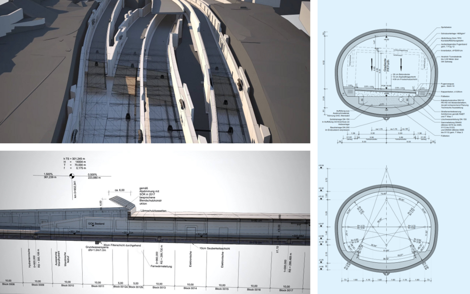 Links oben ist eine Visualiserung einer offenen Tunnelbauweise zu sehen. Links unten ist eine Längsabwicklung des Tunnels dargestellt. Auf der rechten Seite sind zwei Querschnitte des Tunnels in bergmännischer Bauweise dargestellt.