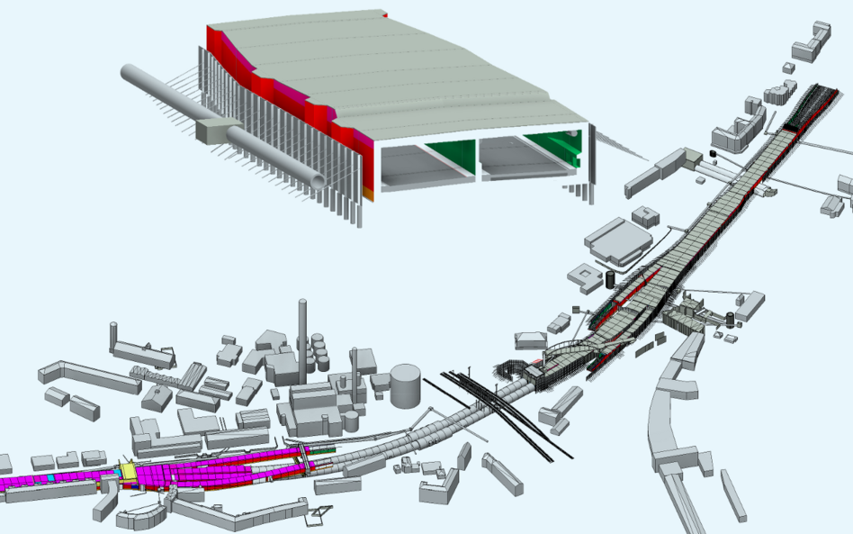 auf hellblauem Hintergrund ist ein hochkomplexes 3D-Modell eines Tunnels inkl. Umgebungsbebauung dargestellt.