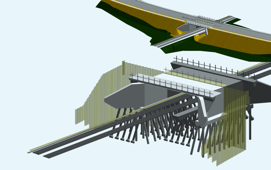 Auf hellblauem Hintergrund sind zwei Visualisierungen von einer Straßenüberführung über eine zweigleisige Bahnstrecke abgebildet. Bei der oberen Visualisierung ist die Böschung, Straße, Bahnoberbau, Gleise und Gelände dargestellt. bei der unteren Visualisierung ist lediglich das Tragwerk der Brücke inkl. Pfahlgründung und Baugrubenverbau aus Spundwänden sowie die Gleise dargestellt.