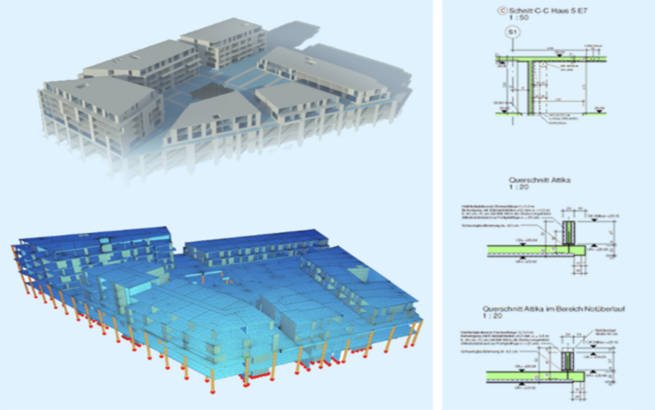 Auf hellblauem Hintergrund sind auf der linken Seite des Bildes das Schal- und Berechnungsmodell einer Wohnanlage zu sehen. Auf der rechten Seite befinden sich drei dazugehörige technische Zeichnungen von Details.