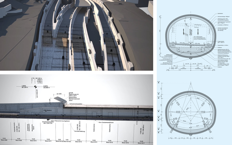 Links oben ist eine Visualiserung einer offenen Tunnelbauweise zu sehen. Links unten ist eine Längsabwicklung des Tunnels dargestellt. Auf der rechten Seite sind zwei Querschnitte des Tunnels in bergmännischer Bauweise dargestellt.
